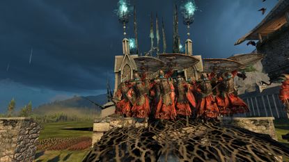 A screenshot of Total War: Warhammer 3 showing grave guard soldiers jumping out of a siege tower beneath a grey sky