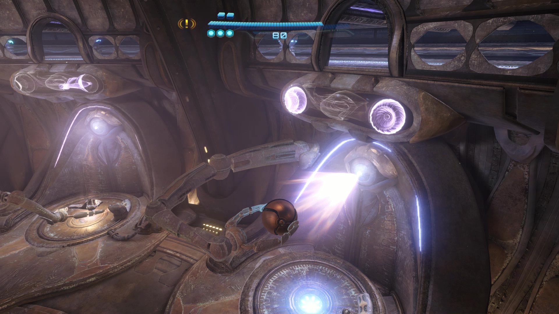 A fabricator scans Samus in Morph Ball mode in the Metroid Prime 4 Volt Forge