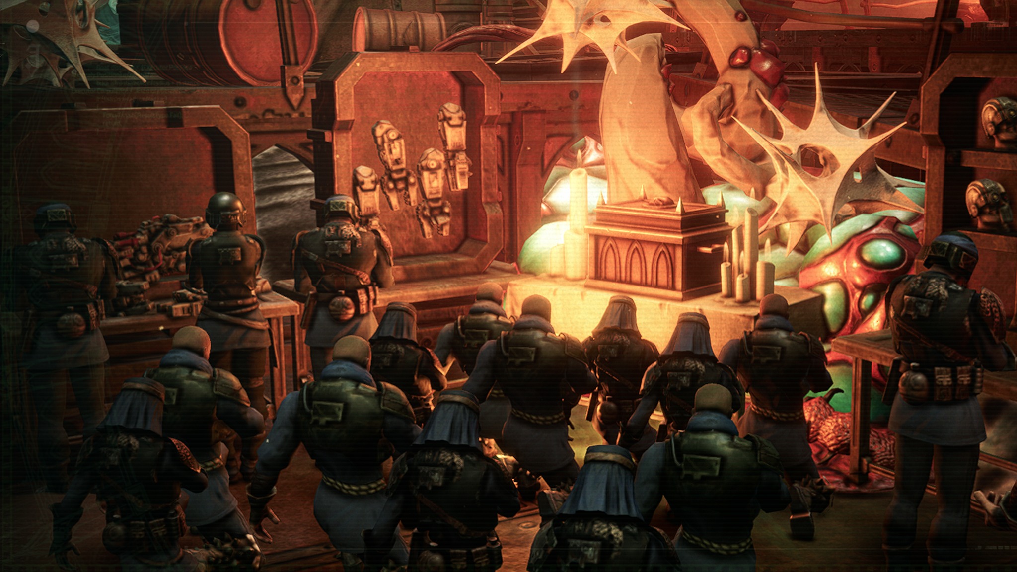 A group of armored soldiers kneel before a glowing altar adorned with abstract, spiky sculptures. The setting is dark and industrial, creating a tense atmosphere.