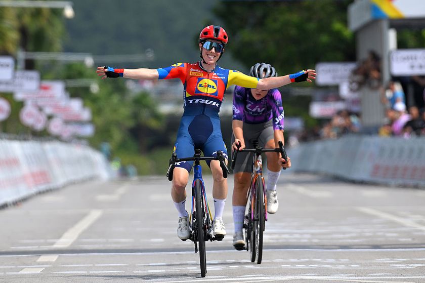 NANNING, CHINA - OCTOBER 19: (L-R) Anna Henderson of Great Britain and Team Lidl - Trek celebrates at finish line as race winner ahead of Caroline Andersson of Sweden and Team Liv AlUla Jayco during the 6th Tour Of Guangxi 2025 - UCI Women&#039;s WorldTour a 108.5km one day race from Nanning to Nanning / #UCIWWT / on October 19, 2025 in Nanning, China. (Photo by Tim de Waele/Getty Images)