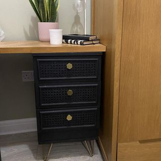 black drawer with potted plant on it