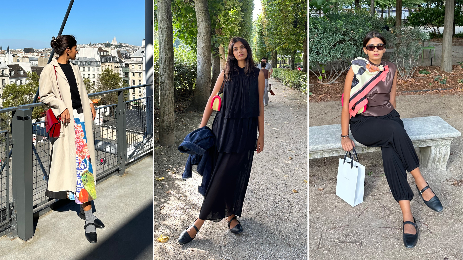 Three images of Tasnim Ahmed wearing The Row's black Ava Mary Jane flats across the world