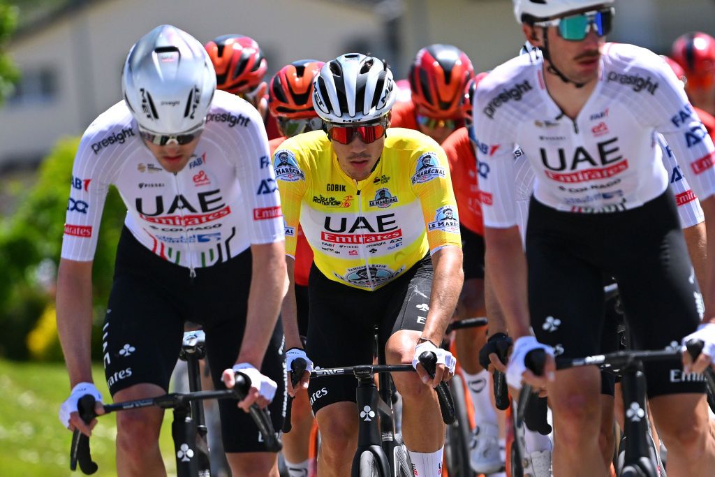 LEYSIN SWITZERLAND APRIL 27 EDITORS NOTE Alternate crop Juan Ayuso of Spain and UAE Team Emirates Yellow Leader Jersey competes during the 77th Tour De Romandie 2024 Stage 4 a 1592km stage from Saillon to Leysin 1314m UCIWT on April 27 2024 in Leysin Switzerland Photo by Luc ClaessenGetty Images