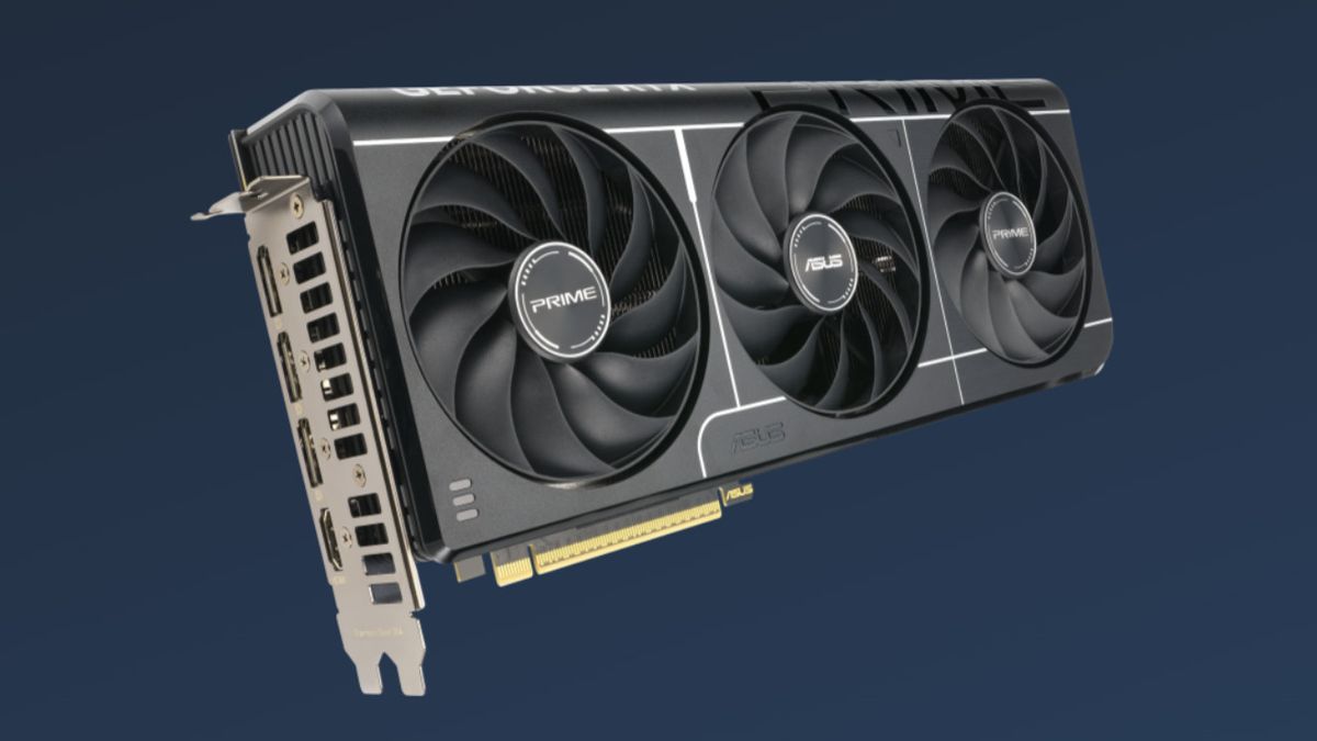 Asus Prime OC RTX 5070 graphics card with three fans, shown at an angle