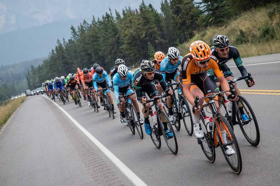 The peloton starts to chase hard during stage 1 of the Tour of Alberta.