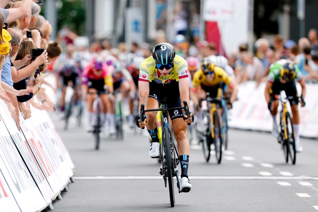 ARNHEM NETHERLANDS SEPTEMBER 04 Lorena Wiebes of Netherlands and Team DSM Yellow leader jersey crosses the finishing line during the 25th Simac Ladies Tour 2022 Stage 6 a 1503km stage from Arnhem to Arnhem SLT2022 UCIWWT on September 04 2022 in Arnhem Netherlands Photo by Bas CzerwinskiGetty Images