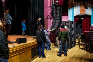 An L-Acoustics sound system being installed at the Boulder Theater.