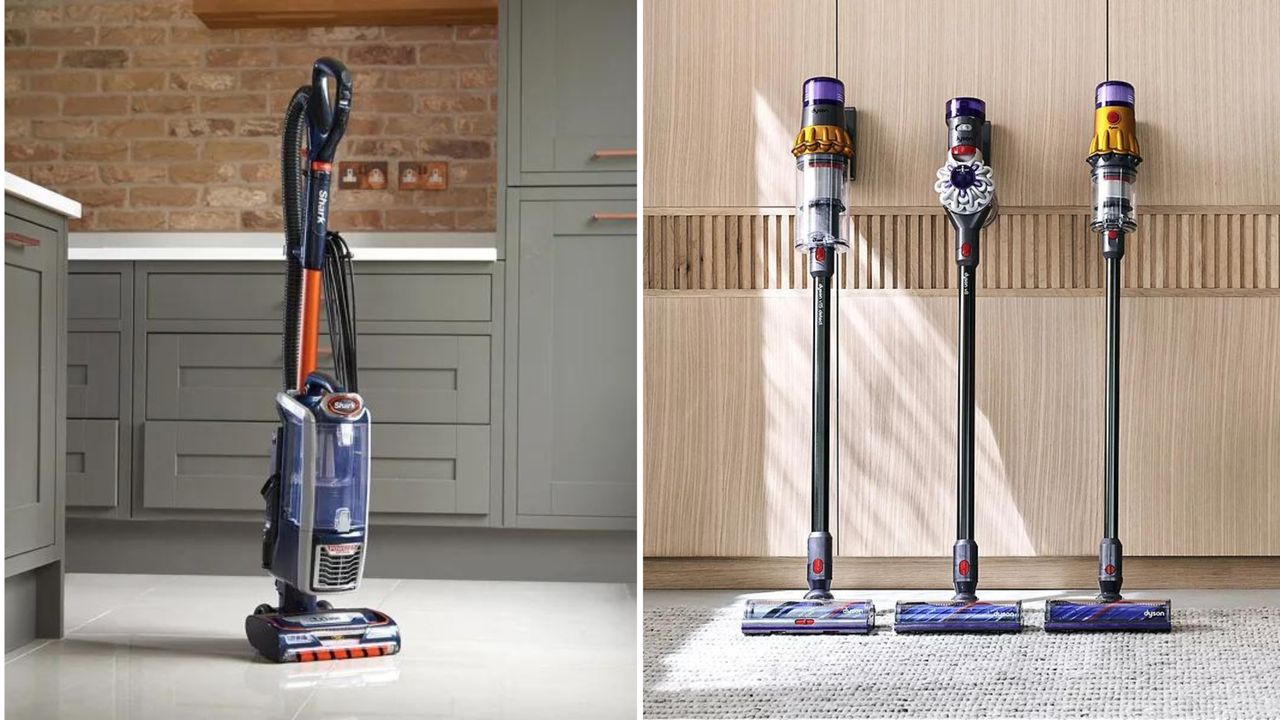 Shark vacuum on left, three Dyson vacuums on right