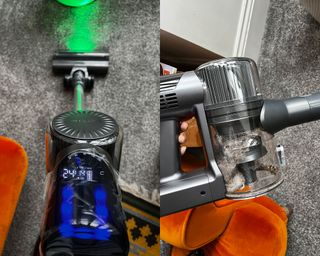 Using the Ultenic U12 on gray carpet near orange couch. The image on the left has a green light shining out on the carpet at ground level from the Ultenic U12 Vesla head