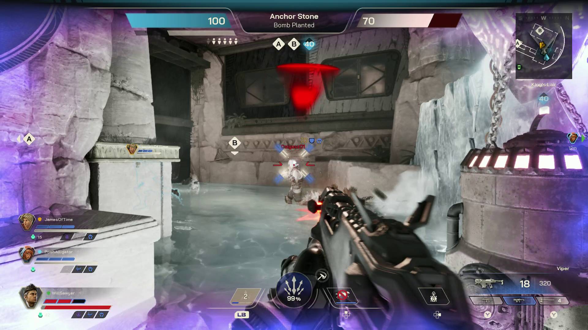 Highguard hip-firing viper SMG at enemy player as they shoot back