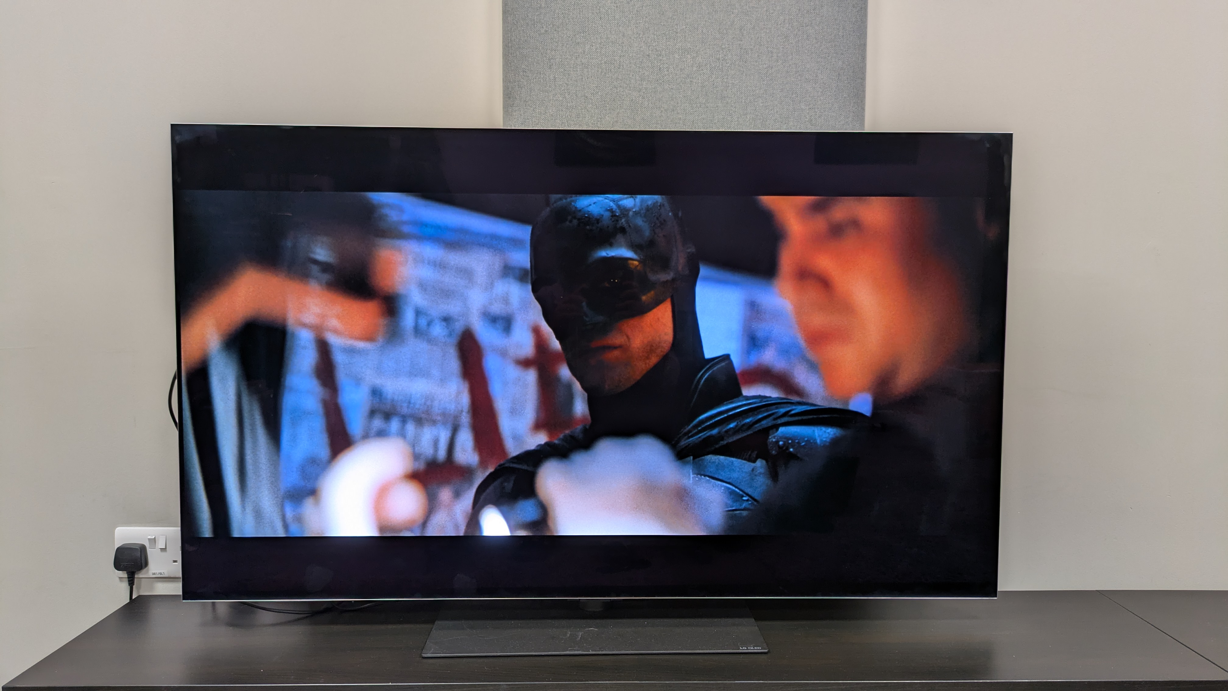 A shot of Batman's face from The Batman on the LG G5 in Dolby Vision Standard mode pre firmware update