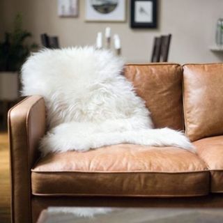 White long-pile sheepskin throw on tan leather couch. There is a picture gallery in soft focus in the background with a three-armed candelabra visible too