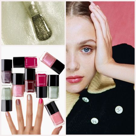 chanel beauty images featuring a hand with multi-color nail polishes and nail polish bottles and a woman with a black and green chanel jacket