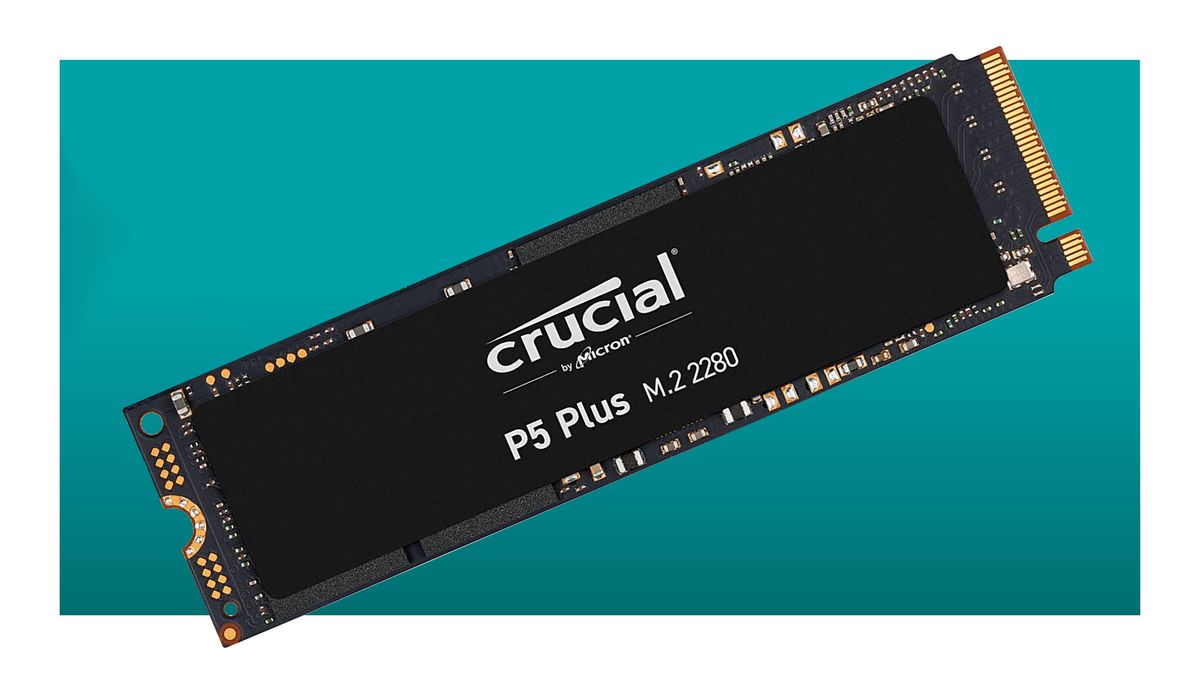 Crucial P5 Plus SSD on a blue background