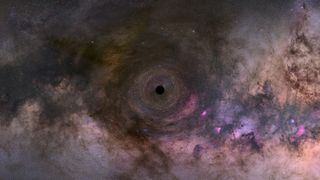An illustration showing a black hole drifting through our Milky Way galaxy. In the center of the image there is a small black circle with a visible accretion disk (a disk-like flow of gas, plasma, dust or particles).