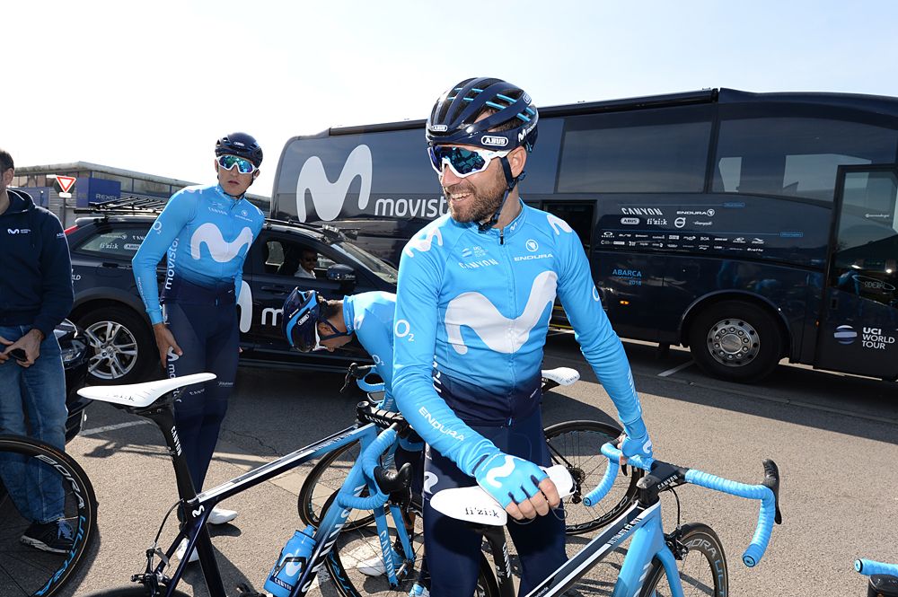 Alejandro Valverde prepares to ride the cobbles - Movistar training on the Paris-Roubaix cobbles as recon for stage 9 at the Tour de France