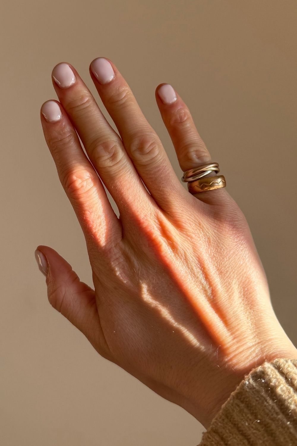 Katie Thomas wearing Mylee Super Pigment Builder Gel Polish in Rose Petal