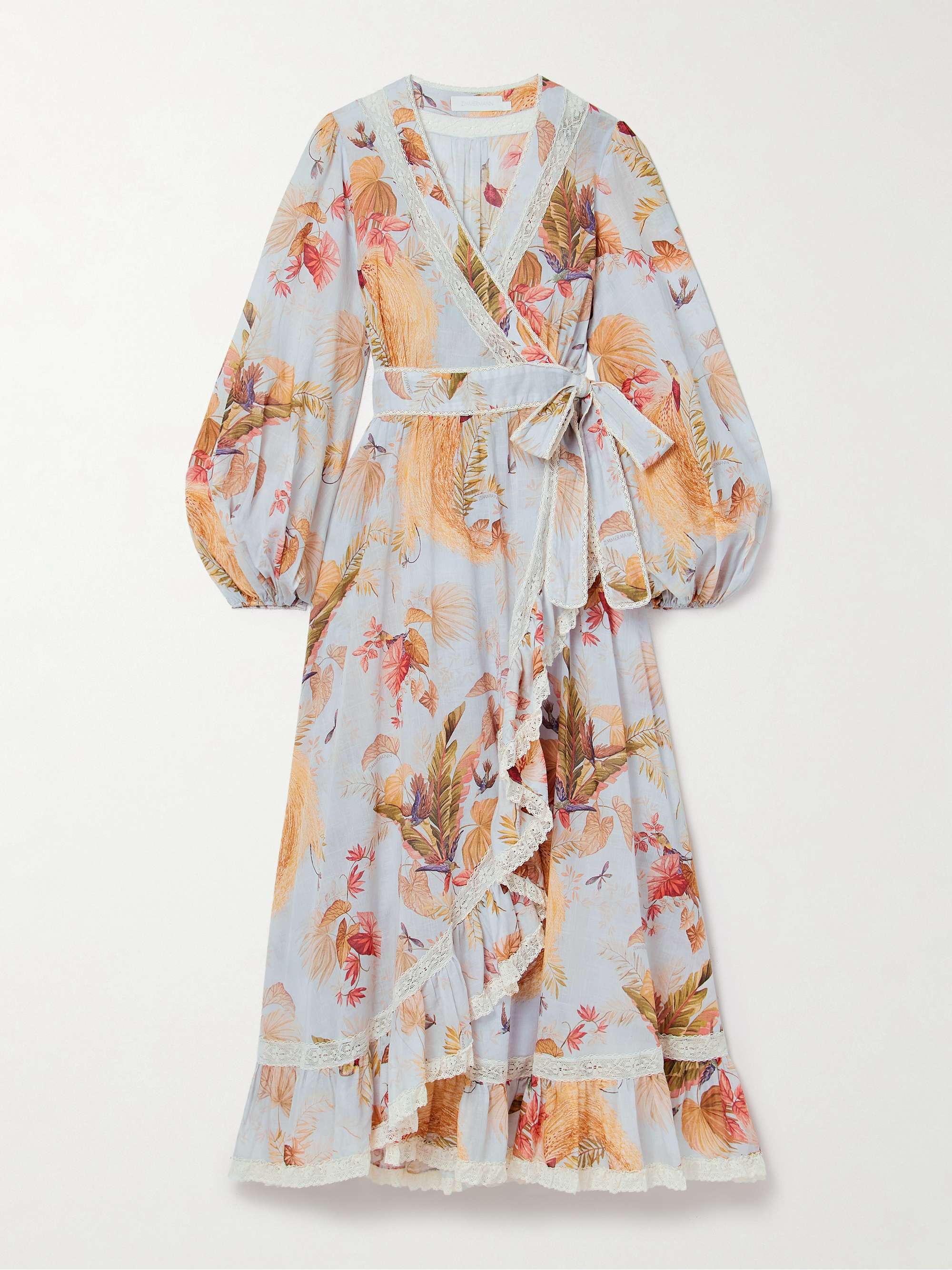 Ascension Lace-Trimmed Tiered Printed Cotton-Voile Midi Wrap Dress