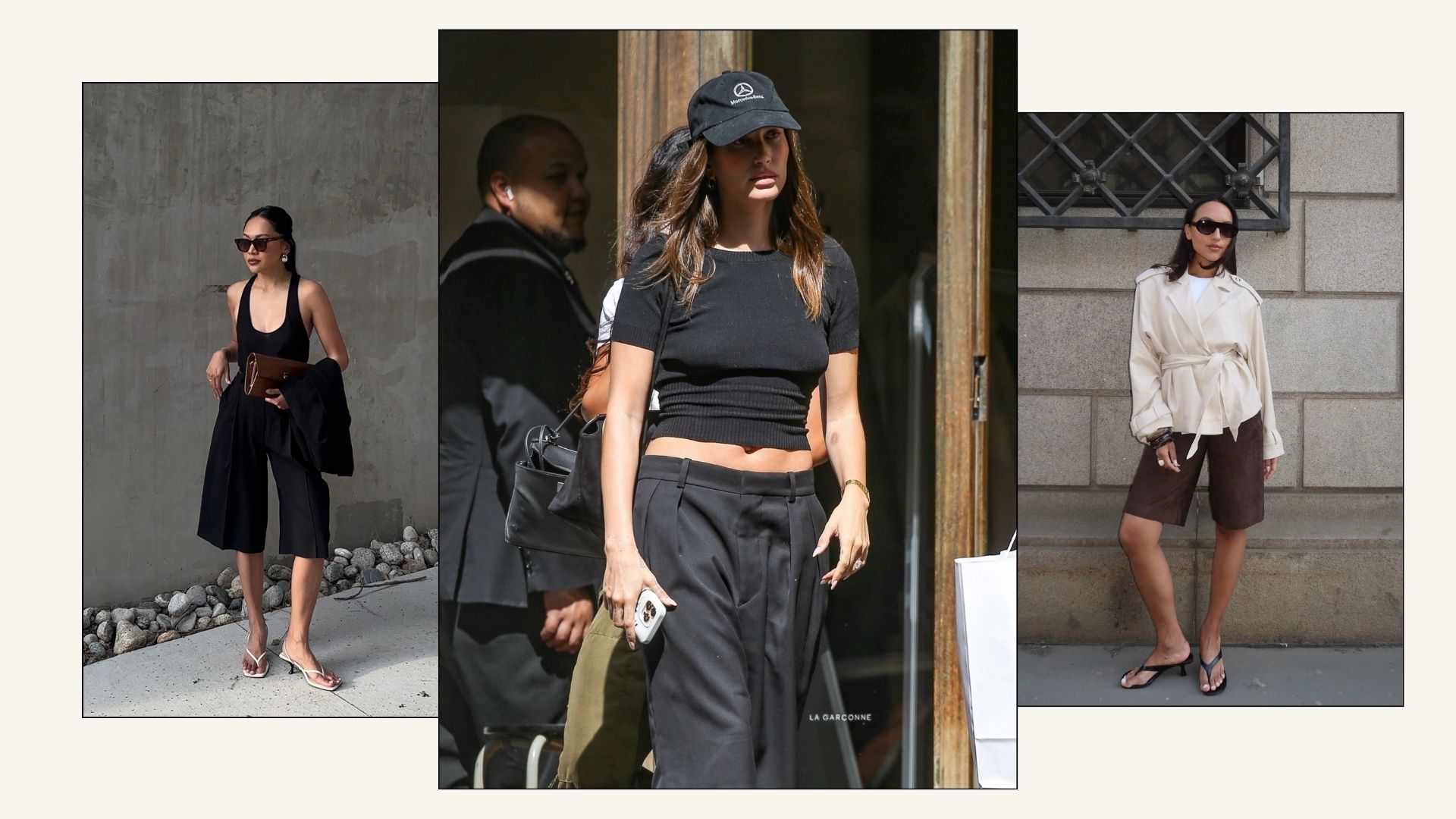 Influencer wears Bermuda shorts with heeled flip flops.