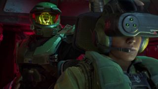Halo: Campaign Evolved Master Chief standing behind the lifeboat pilot as they approach Halo