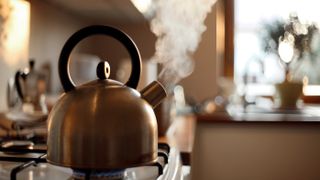 A kettle boiling water on a stove in the kitchen
