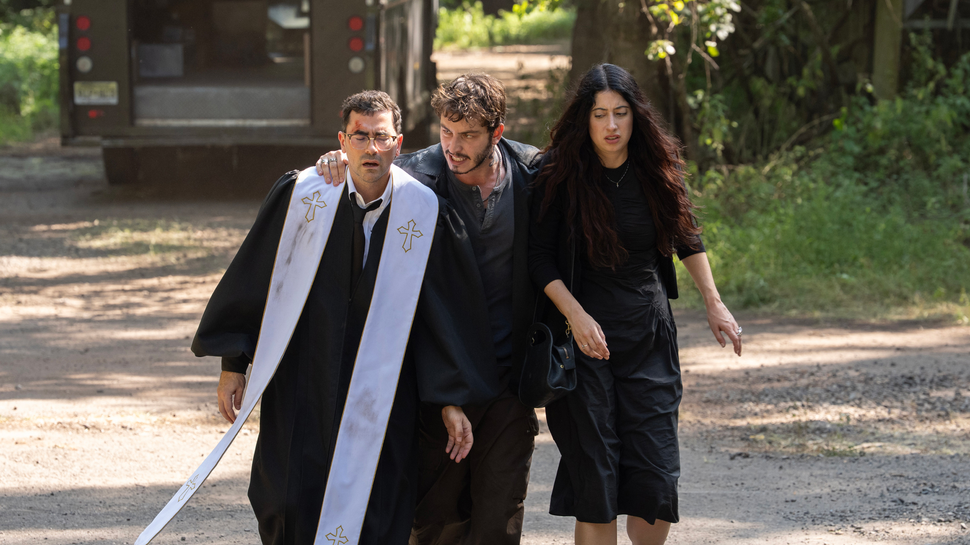 Dan Levy as Nicky, Boran Kuzum as Yusuf, and Taylor Ortega as Morgan in Episode 102 of BIG MISTAKES.