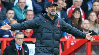 Liverpool manager Jurgen Klopp gestures on the touchline during the Premier League match between Nottingham Forest and Liverpool on 22 October, 2022 at the City Ground, Nottingham, United Kingdom