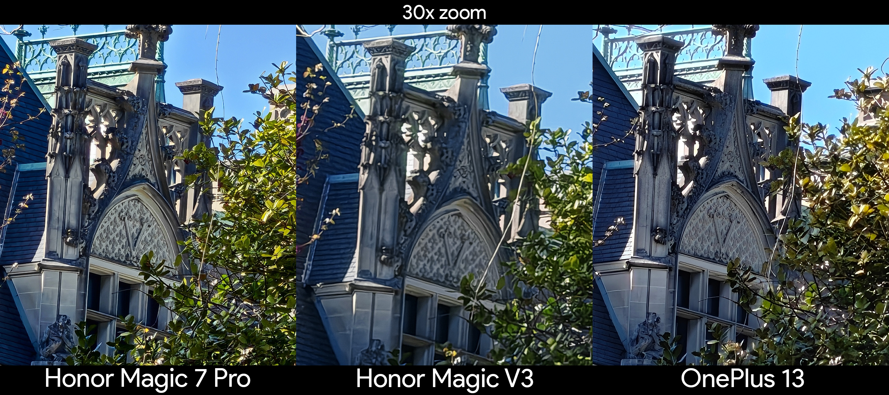Comparing zoom detail between the Honor Magic V3, Honor Magic 7 Pro, and OnePlus 13 at 30x with the Biltmore Estate's facade
