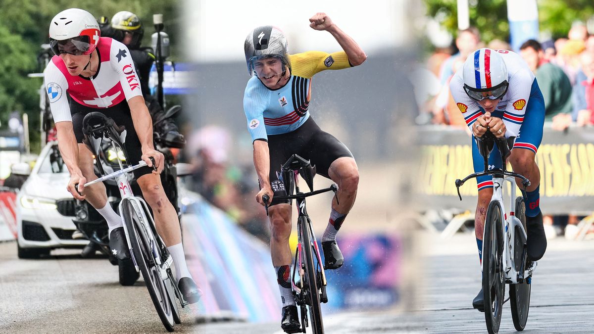 Belgium&#039;s Remco Evenepoel celebrates his victory as he cycles to cross the finish line of the men&#039;s road cycling individual time trial during the Paris 2024 Olympic Games in Paris, on July 27, 2024. (Photo by Anne-Christine POUJOULAT / AFP)