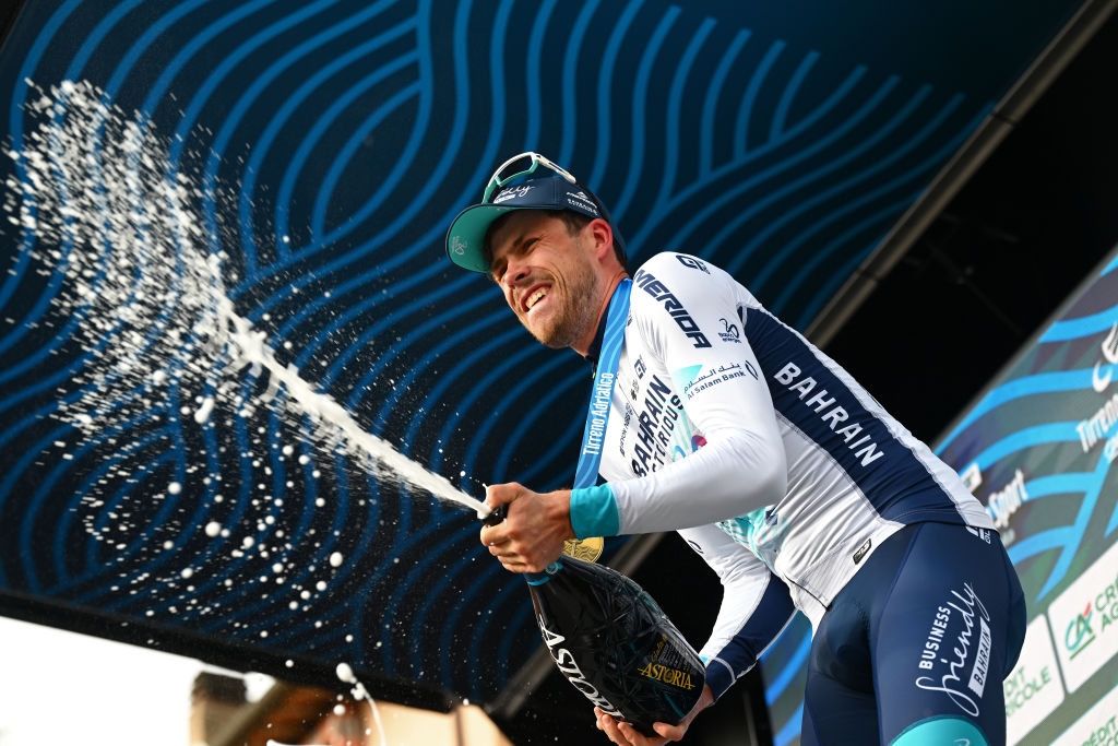 GUALDO TADINO, ITALY - MARCH 06: Phil Bauhaus of Germany and Team Bahrain - Victorious celebrates at podium as stage winner during the 59th Tirreno-Adriatico 2024, Stage 3 a 225km stage from Volterra to Gualdo Tadino 527m / #UCIWT / on March 06, 2024 in Gualdo Tadino, Italy. (Photo by Tim de Waele/Getty Images)