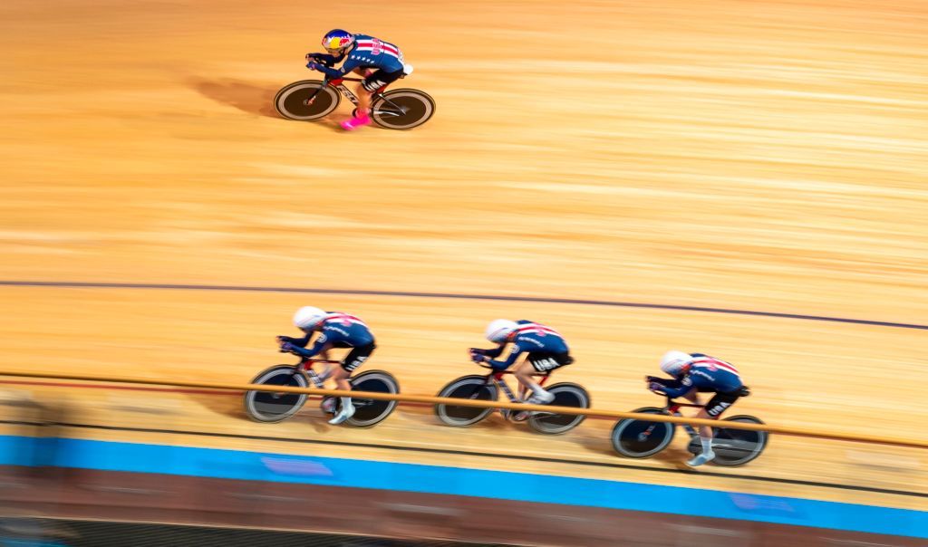 US team Chloe Dygert Jennifer Valente Emma White and Lily Williams compete in the Womens Team Pursuit qualifying at the UCI track cycling World Championship in Berlin on February 26 2020 Photo by Odd ANDERSEN AFP Photo by ODD ANDERSENAFP via Getty Images