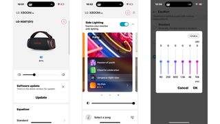 LG XBoom Go XG8T wireless speaker app on three smartphone screens