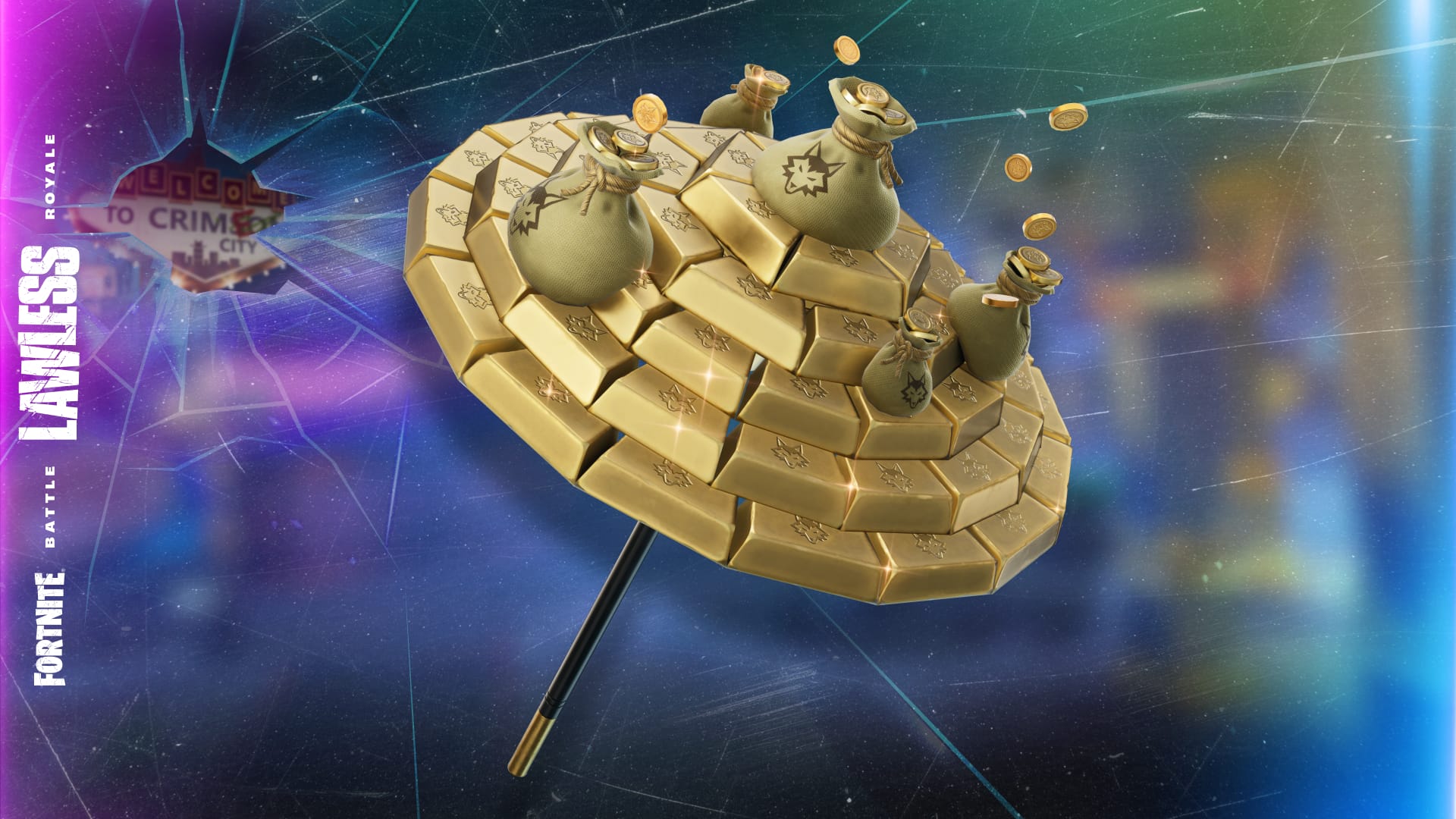 An umbrella made of gold bars and coin sacks