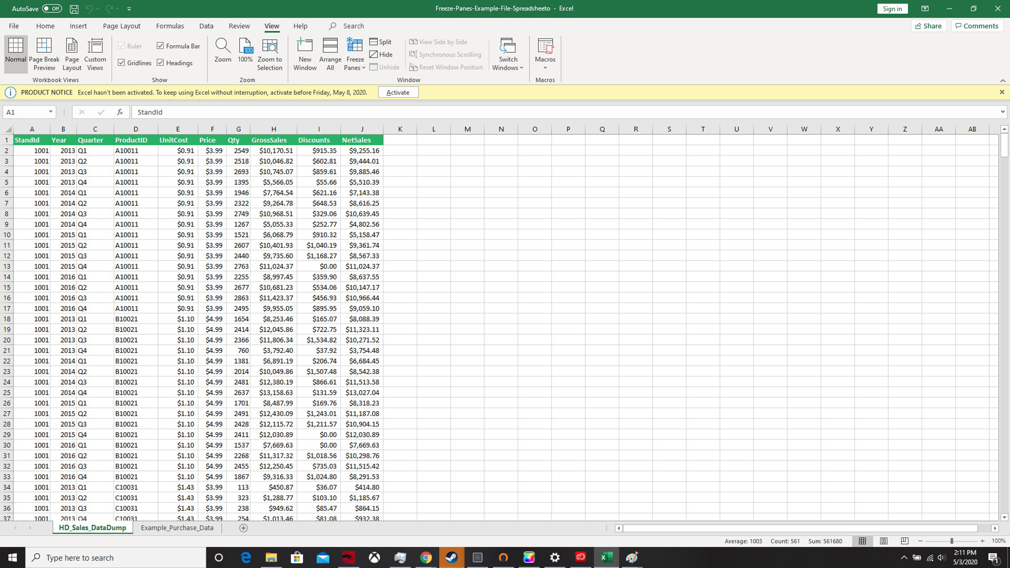 can you freeze multiple panes in excel 2010