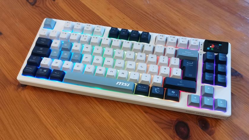 MSI Forge GK600 TKL gaming keyboard on a desk.