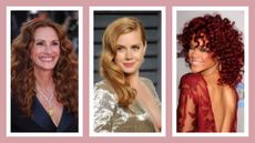 Julia Roberts, Amy Adams and Rihanna pictured with variations of red hair, in dark pink 3-picture template
