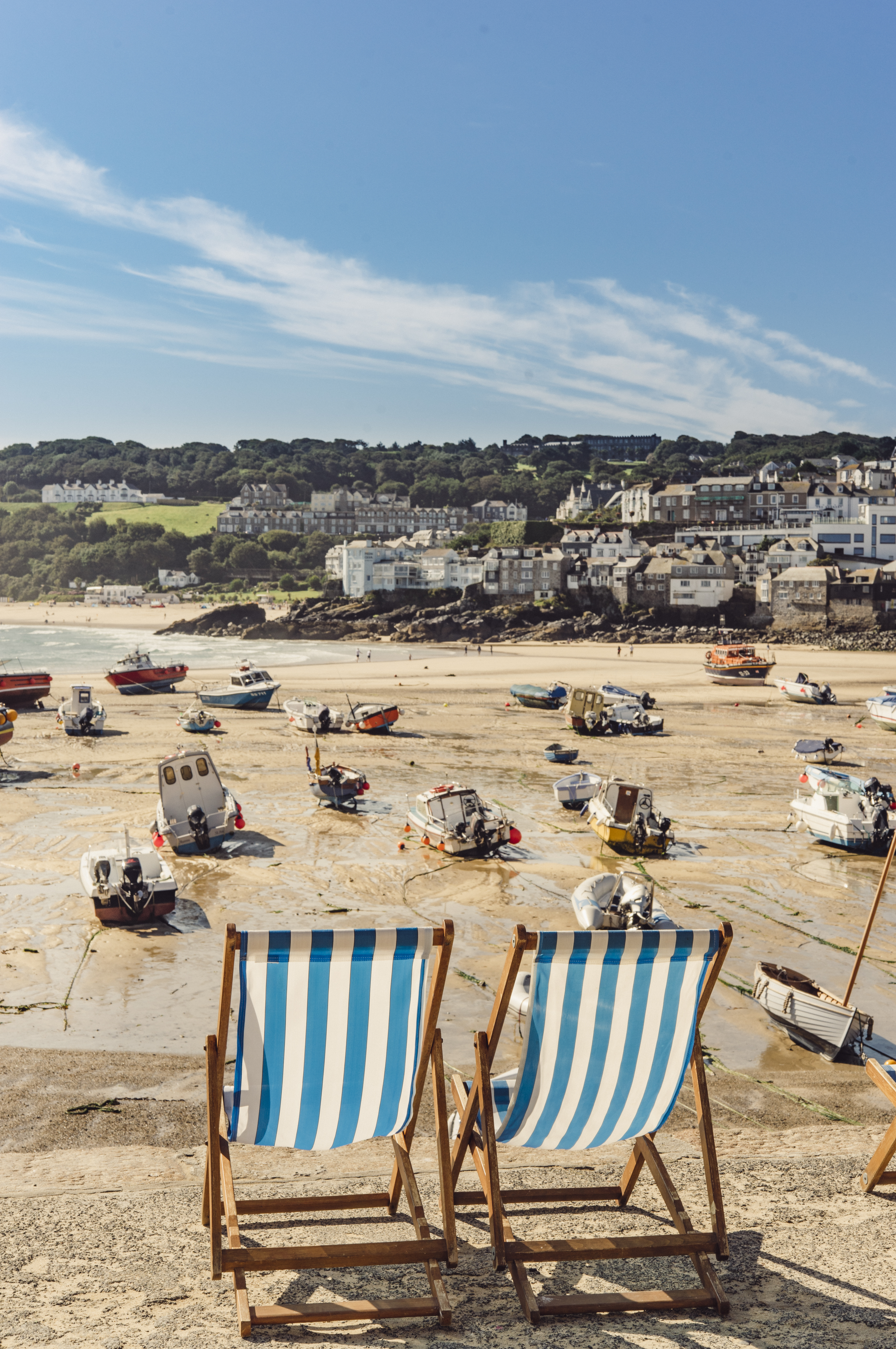 Two deckchairs overlooking the beach infront of St Ives