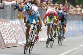 Fabio Aru (Astana) pressures Alberto Contador (Tinkoff-Saxo) at the 98th Giro d'Italia in 2015.