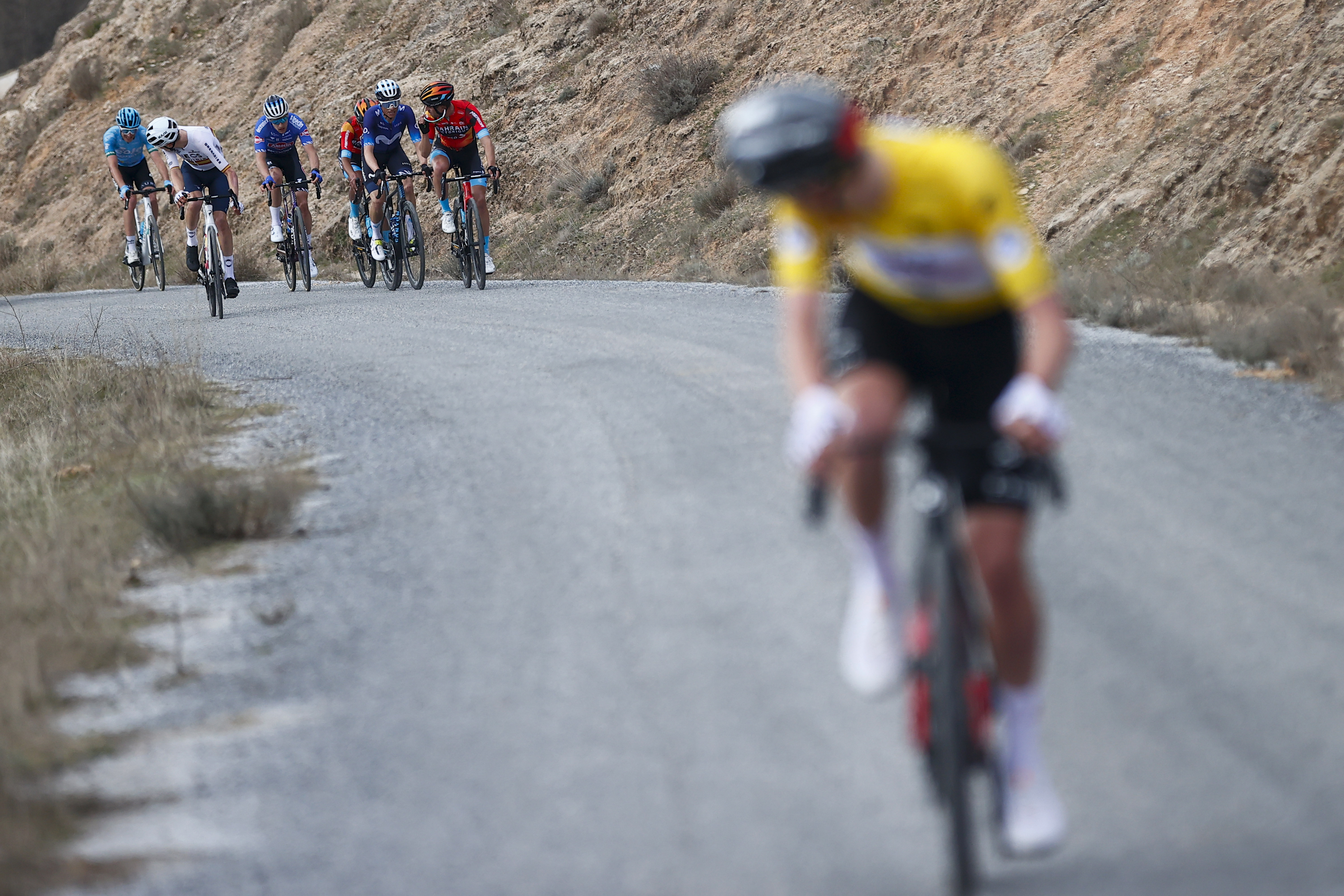 Vuelta a Andalucia Ruta Ciclista Del Sol 2023 69th Edition 2nd stage Diezma Alcala la Real 1561 km 16022023 Tadej Pogacar SLO UAE Team Emirates Mikel Landa ESP Bahrain Victorious Carlos Rodriguez ESP INEOS Grenadiers Enric Mas ESP Movistar Team photo Luis Angel GomezSprintCyclingAgency2023