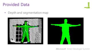 Depth and segmentation map data are captured by the Kinect camera system. If you’ve played Dance Central, you’ve seen the depth map in action.