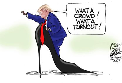 Political cartoon U.S. Trump Harvey crowd size Melania heels