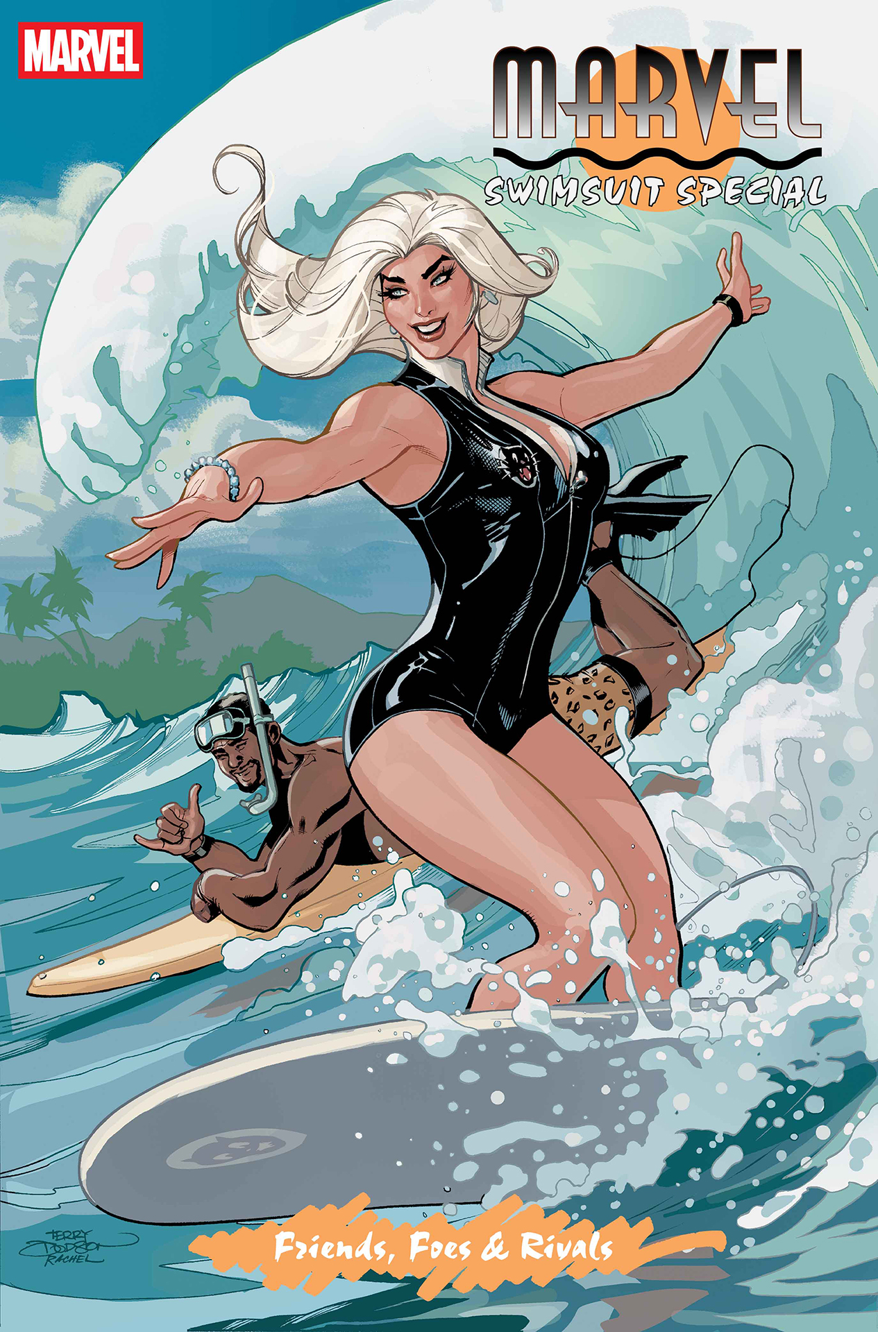 Black Cat and Kraven the Hunter surfing in swimsuits