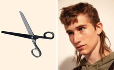 Open pair of scissors and a side view of a man's face