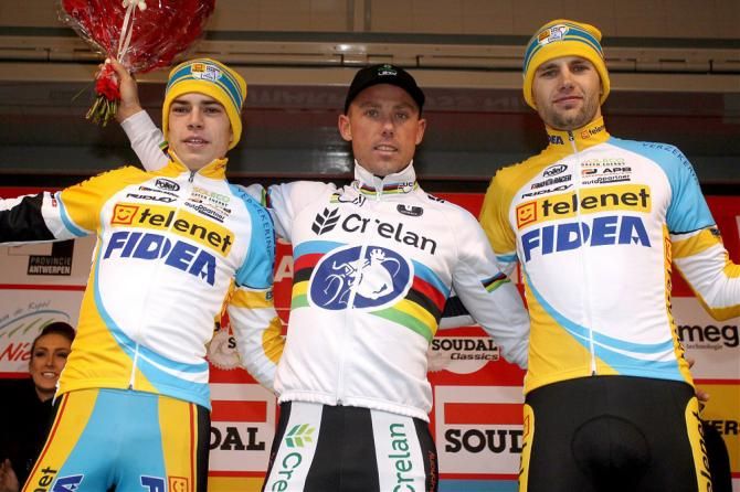 Jaarmarktcross Niel men's podium(L-R): Wout Van Aert, Sven Nys and Rob Peeters