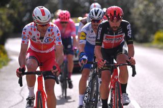 VALDEBLORE LA COLMIANE FRANCE MARCH 14 Thomas De Gendt of Belgium and Team Lotto Soudal Nicolas Edet of France and Team Cofidis Solution Credits Polka Dot Mountain Jersey Julian Alaphilippe of France and Team Deceuninck QuickStep Breakaway during the 78th Paris Nice 2020 Stage 7 a 1665km stage from Nice to Valdeblore La Colmiane 1500m Paris Nice 2020 final stage as part of the fight against the spread of the Coronavirus ParisNice parisnicecourse PN on March 14 2020 in Valdeblore La Colmiane France Photo by Luc ClaessenGetty Images