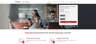 The Trend Micro For Home webpage detailing key features and parental controls tools, and the price of a one year subscription for 5 devices.