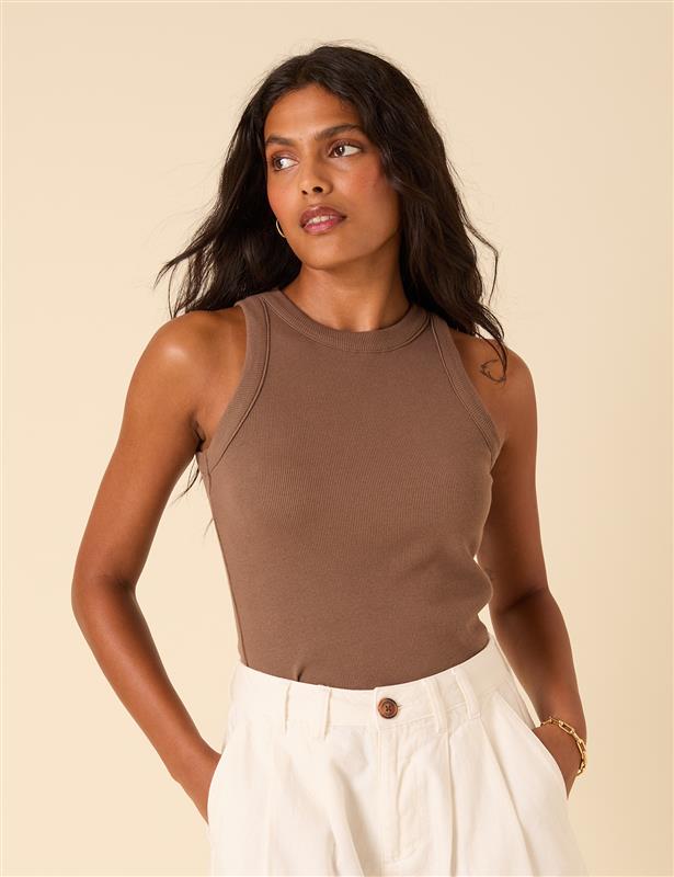 Brown Ribbed Racer Vest Top