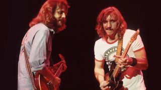 Don Felder and Joe Walsh of The Eagles perform on stage at Ahoy on 11th May 1977 in Rotterdam, Netherlands