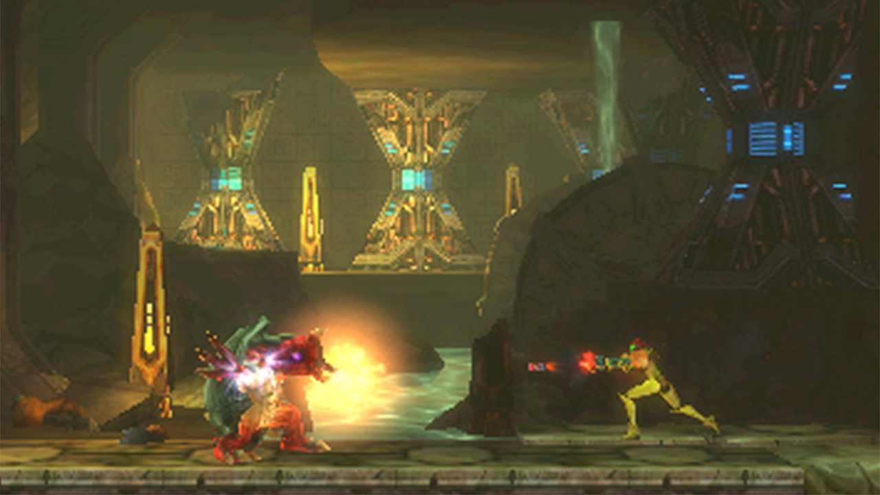 Screenshot from the video game Metroid II: Return of Samus (1991).