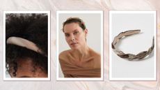 A three-part collage of two models wearing headbands for short hair on the far left and in the middle and a product image of a green velvet headband on the far right.